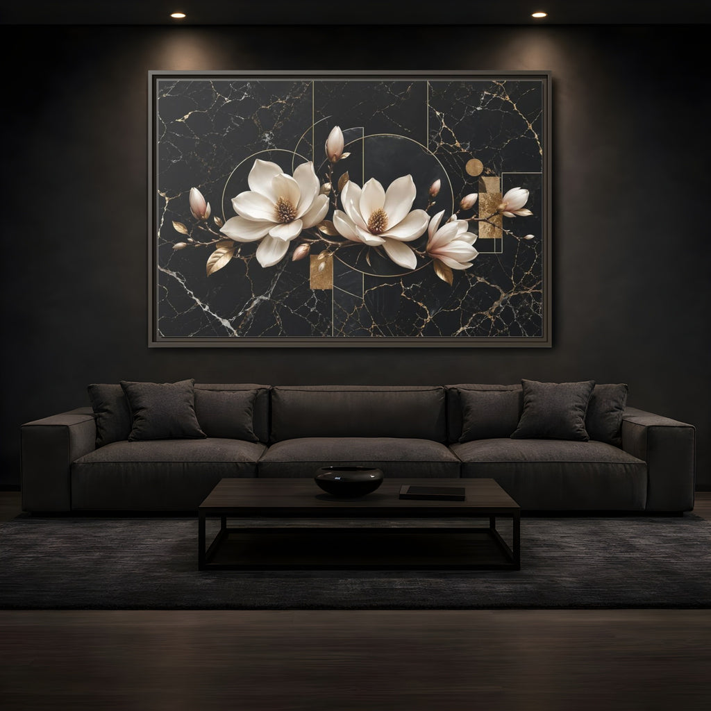 Mockup 3. Floral Magnolia Flowers Black And Gold shown as stretched canvas wall art