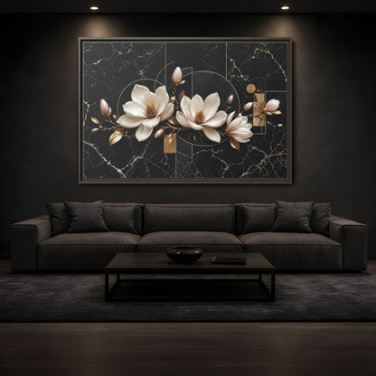 Mockup 3. Floral Magnolia Flowers Black And Gold shown as stretched canvas wall art