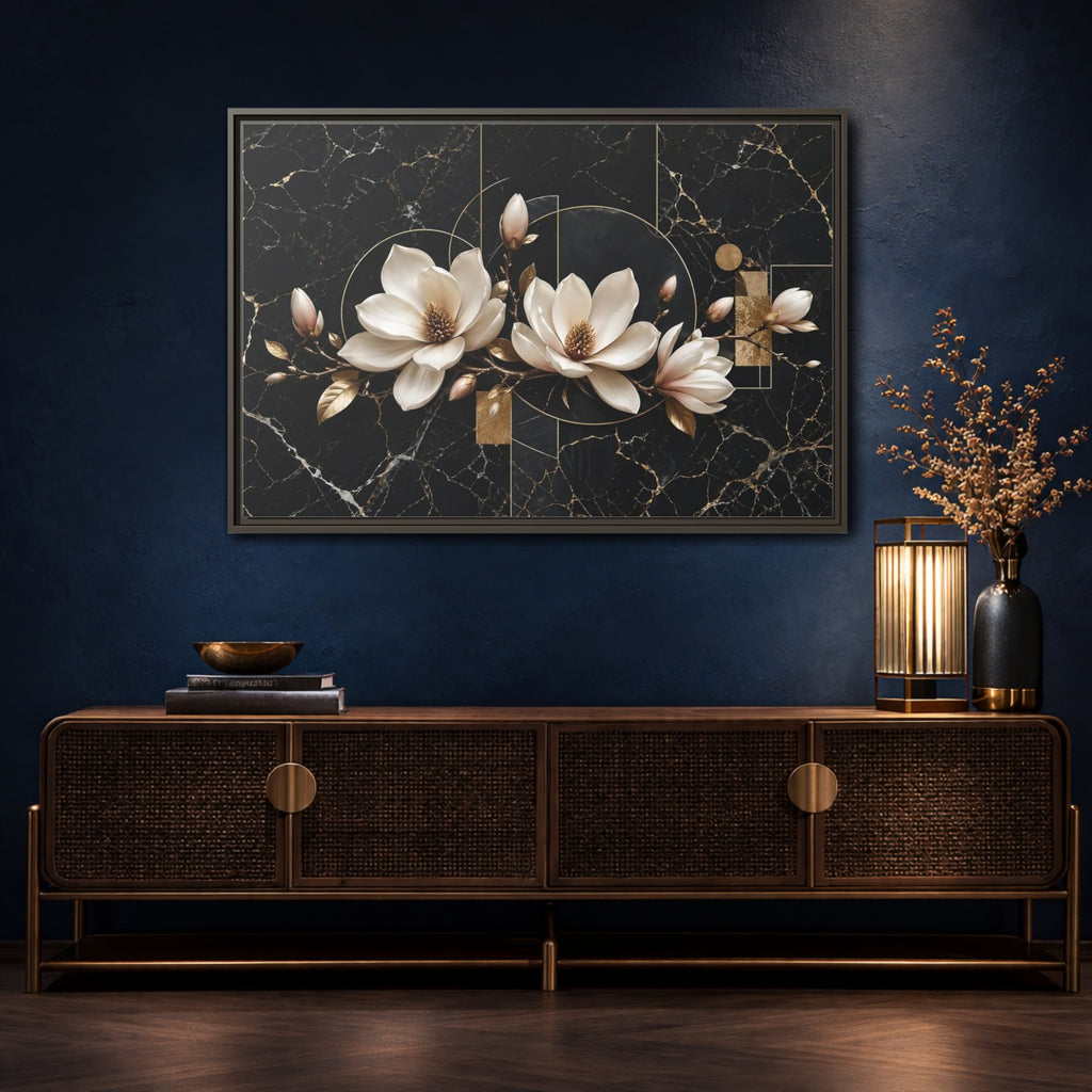 Mockup 4. Floral Magnolia Flowers Black And Gold shown as stretched canvas wall art