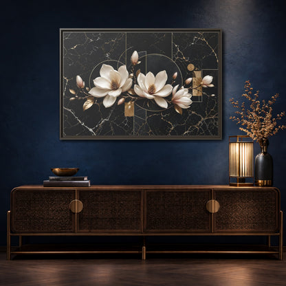 Mockup 4. Floral Magnolia Flowers Black And Gold shown as stretched canvas wall art