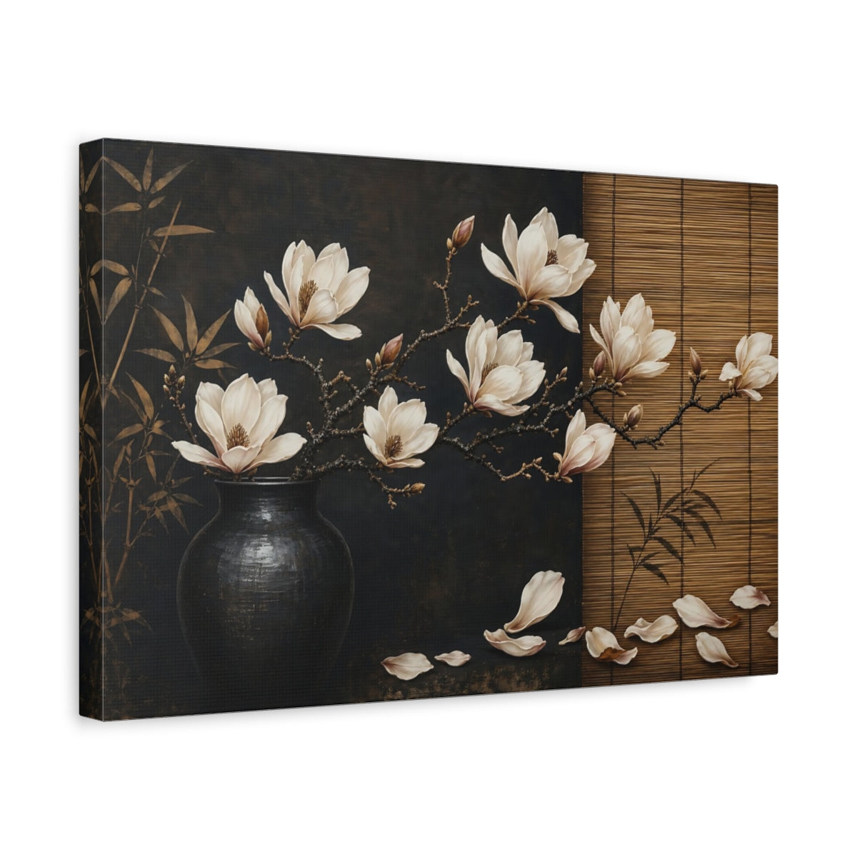 Side Mockup 4. Floral Magnolia Flowers Brown And Black Floral shown as stretched canvas wall art