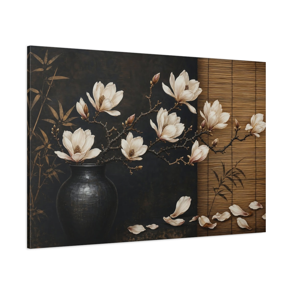 Side Mockup 1. Floral Magnolia Flowers Brown And Black Floral shown as stretched canvas wall art