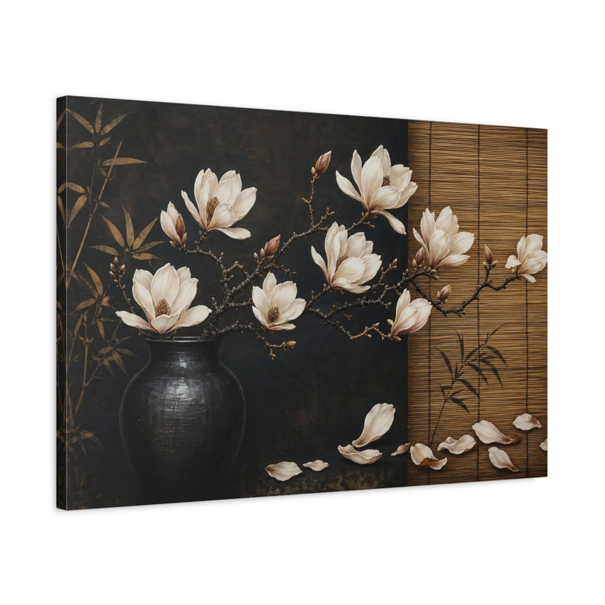 Side Mockup 2. Floral Magnolia Flowers Brown And Black Floral shown as stretched canvas wall art