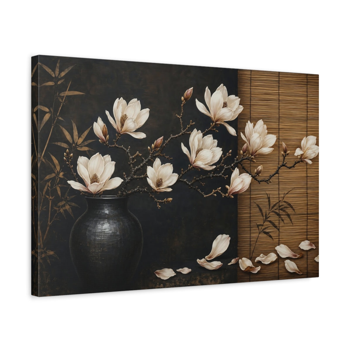 Side Mockup 3. Floral Magnolia Flowers Brown And Black Floral shown as stretched canvas wall art