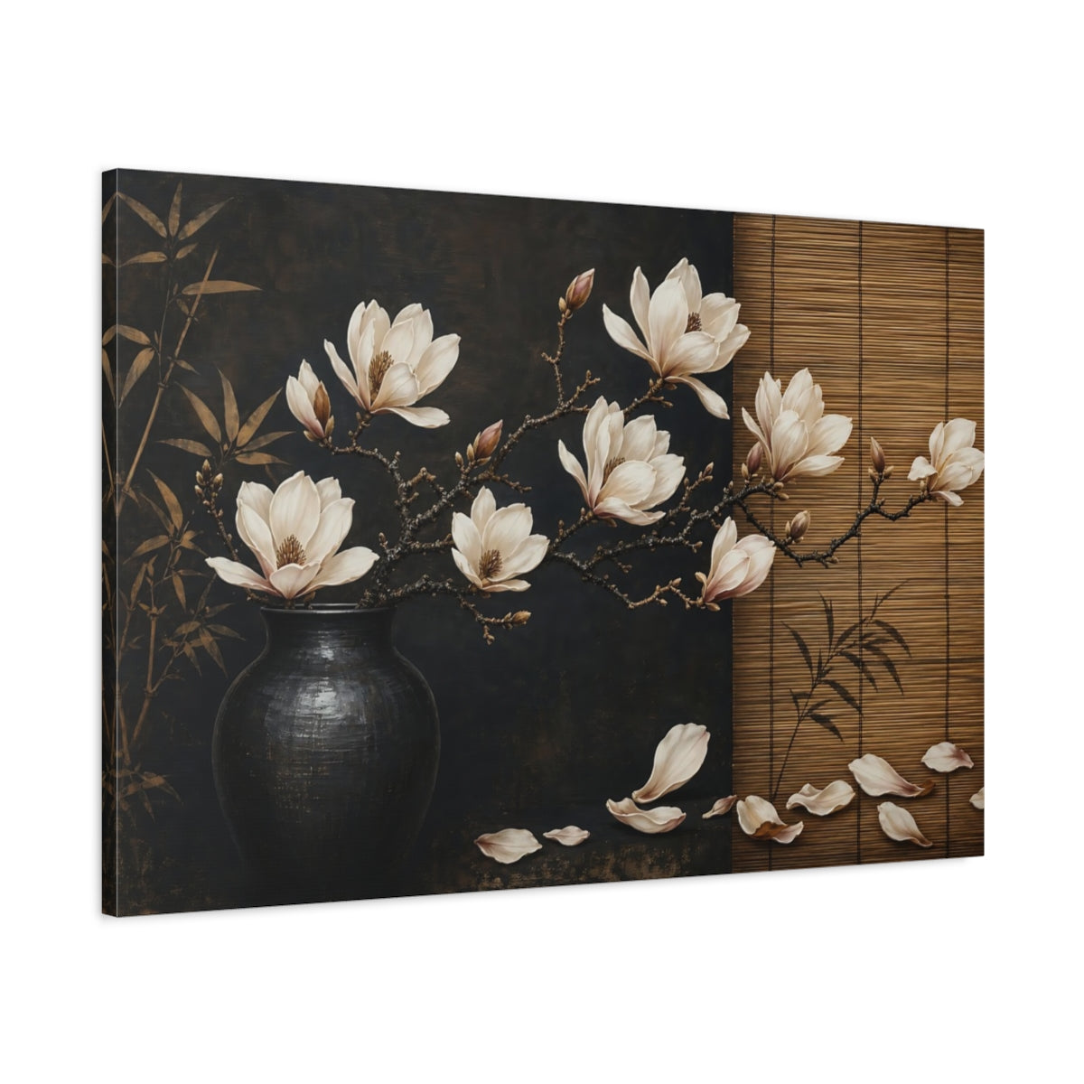 Main Mockup. Floral Magnolia Flowers Brown And Black Floral shown as stretched canvas wall art