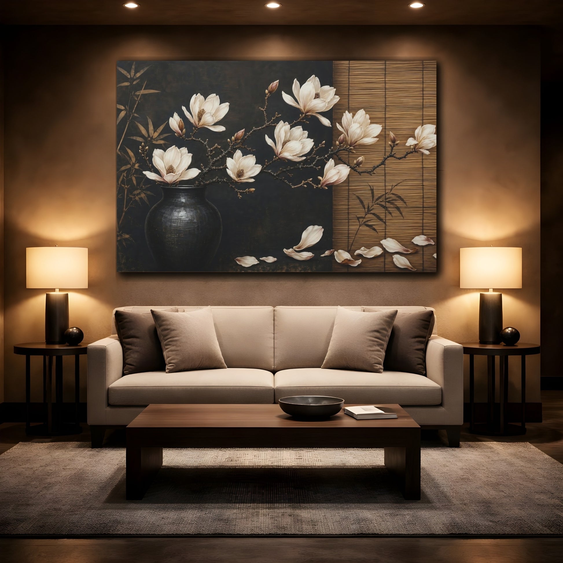 Mockup 2. Floral Magnolia Flowers Brown And Black Floral shown as stretched canvas wall art