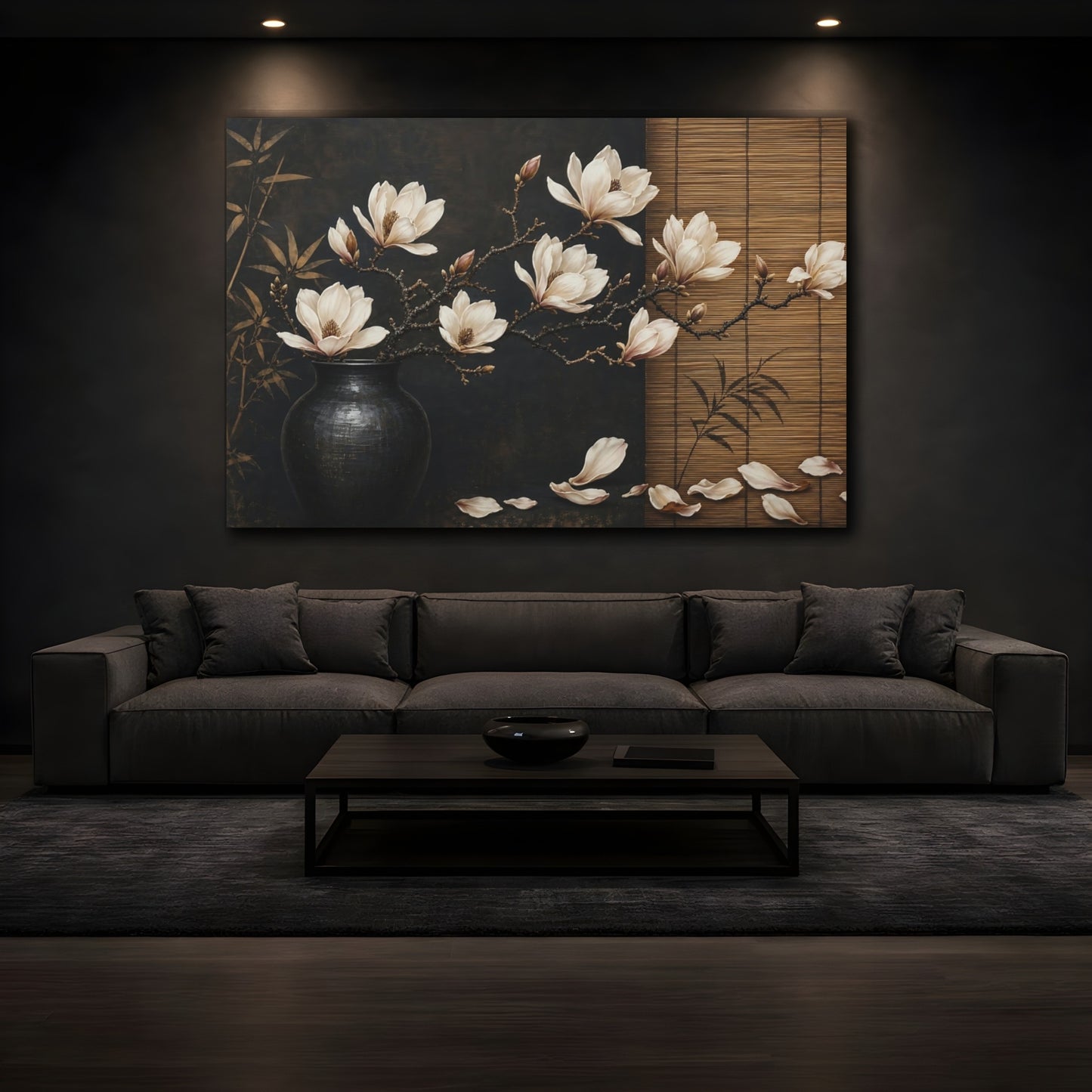 Mockup 3. Floral Magnolia Flowers Brown And Black Floral shown as stretched canvas wall art