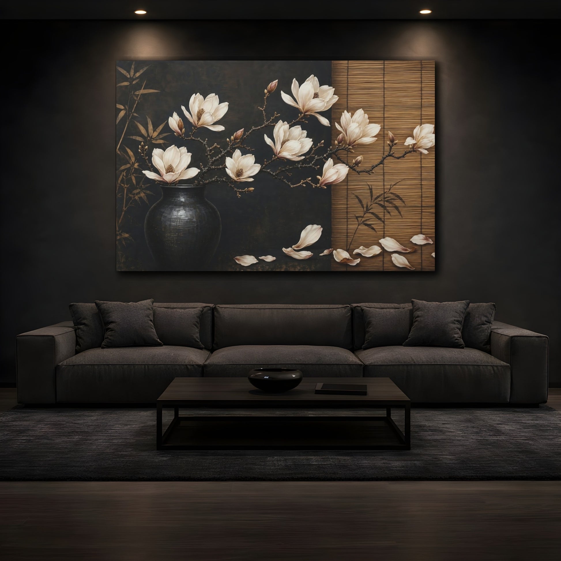 Mockup 3. Floral Magnolia Flowers Brown And Black Floral shown as stretched canvas wall art
