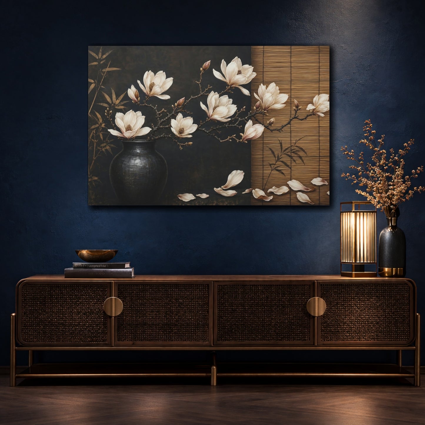 Mockup 4. Floral Magnolia Flowers Brown And Black Floral shown as stretched canvas wall art