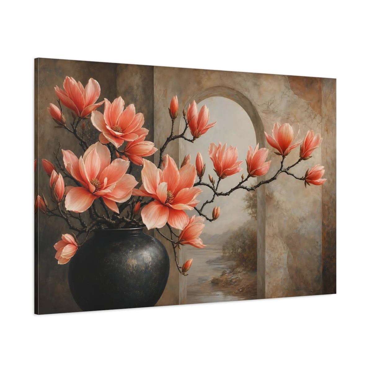 Side Mockup 1. Floral Magnolia Flowers Coral Floral Brown shown as stretched canvas wall art