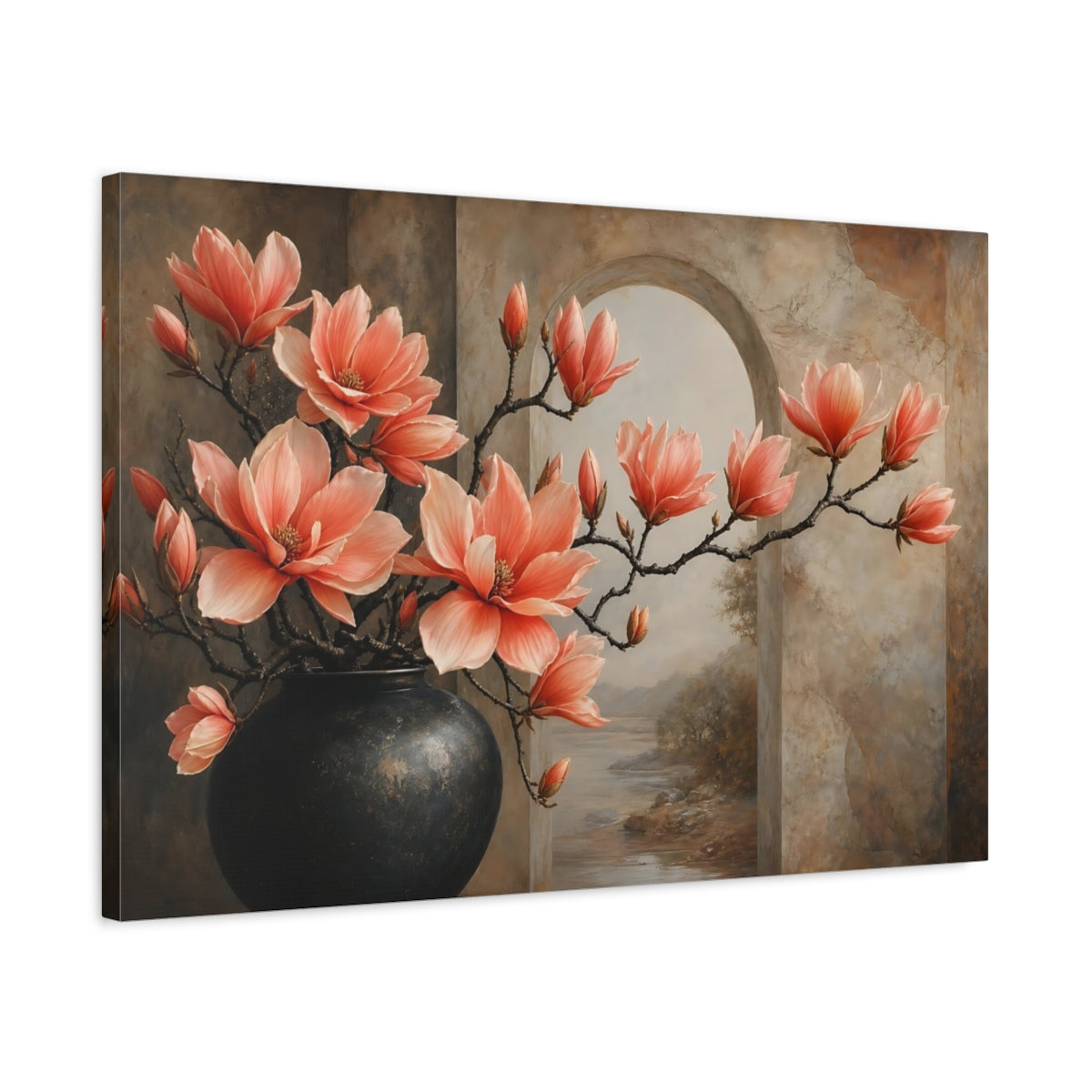 Side Mockup 2. Floral Magnolia Flowers Coral Floral Brown shown as stretched canvas wall art