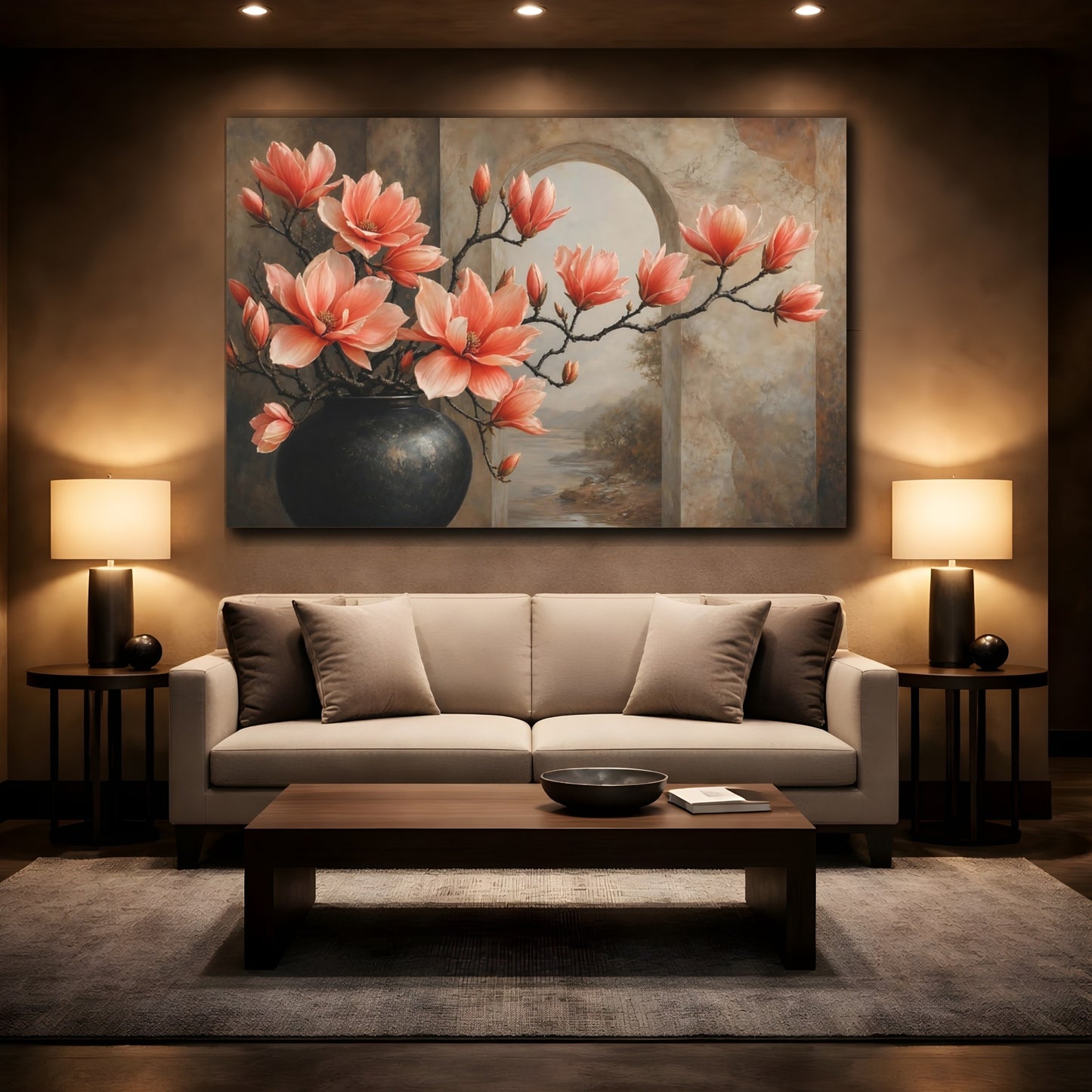Mockup 2. Floral Magnolia Flowers Coral Floral Brown shown as stretched canvas wall art