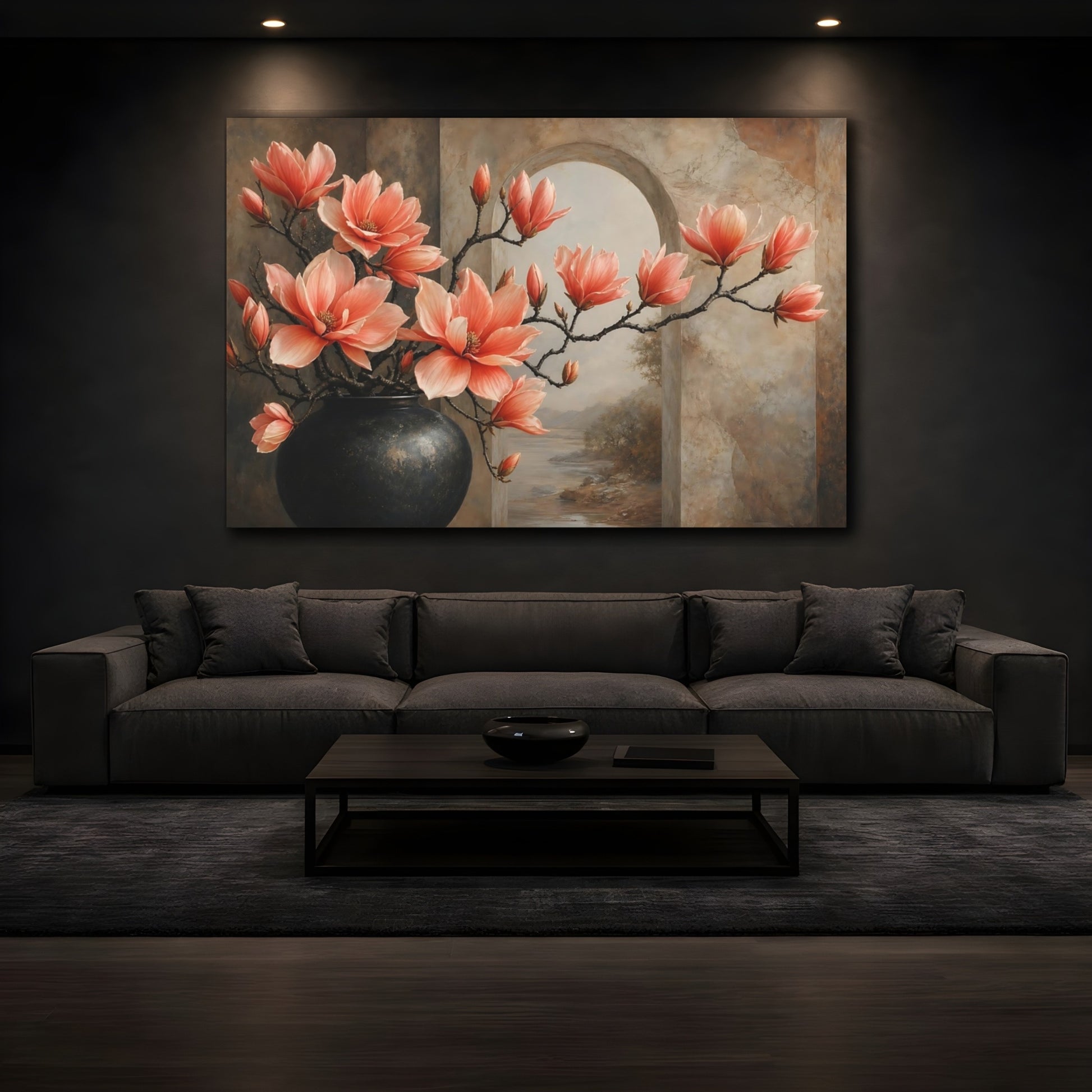 Mockup 3. Floral Magnolia Flowers Coral Floral Brown shown as stretched canvas wall art