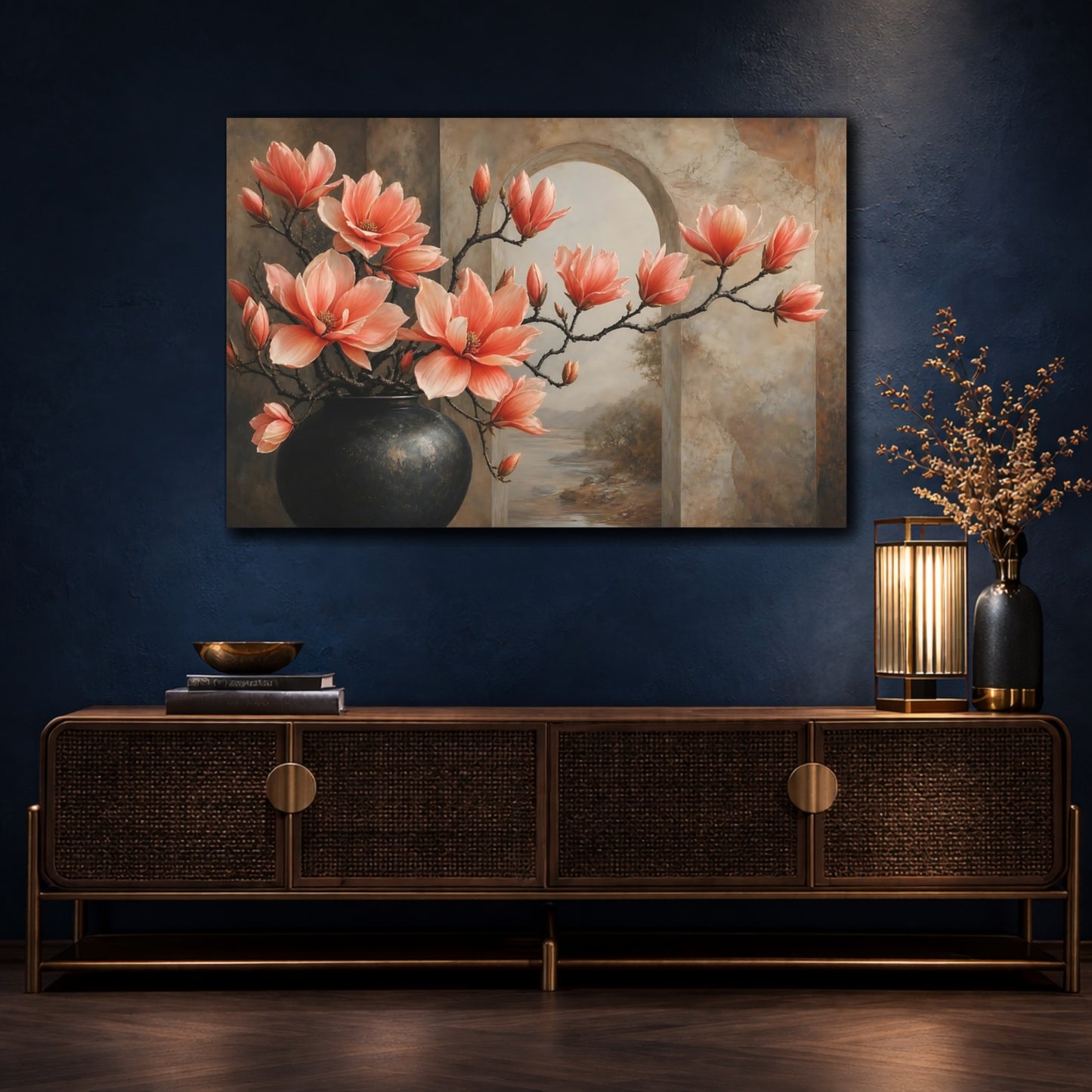 Mockup 4. Floral Magnolia Flowers Coral Floral Brown shown as stretched canvas wall art
