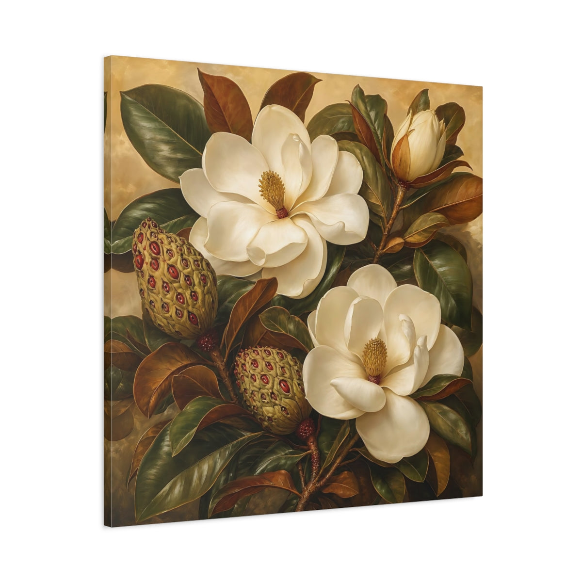 Main Mockup. Floral Magnolia Flowers Cream And Green shown as stretched canvas wall art