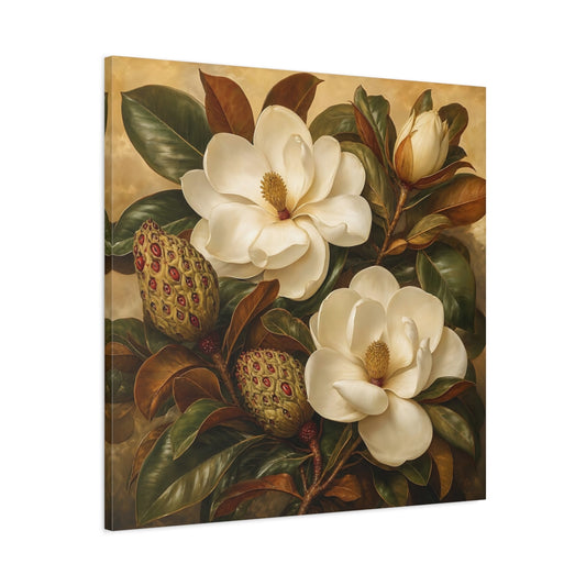Main Mockup. Floral Magnolia Flowers Cream And Green shown as stretched canvas wall art