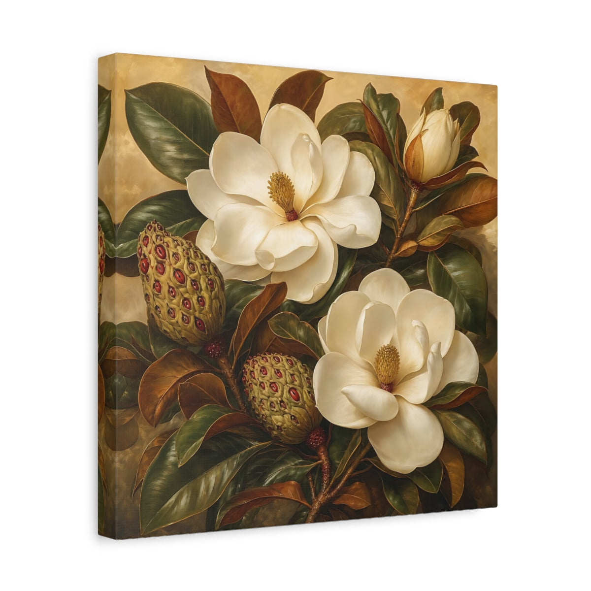 Side Mockup 7. Floral Magnolia Flowers Cream And Green shown as stretched canvas wall art