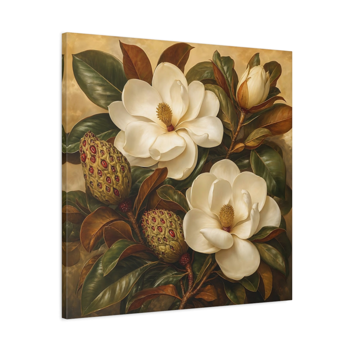 Side Mockup 3. Floral Magnolia Flowers Cream And Green shown as stretched canvas wall art