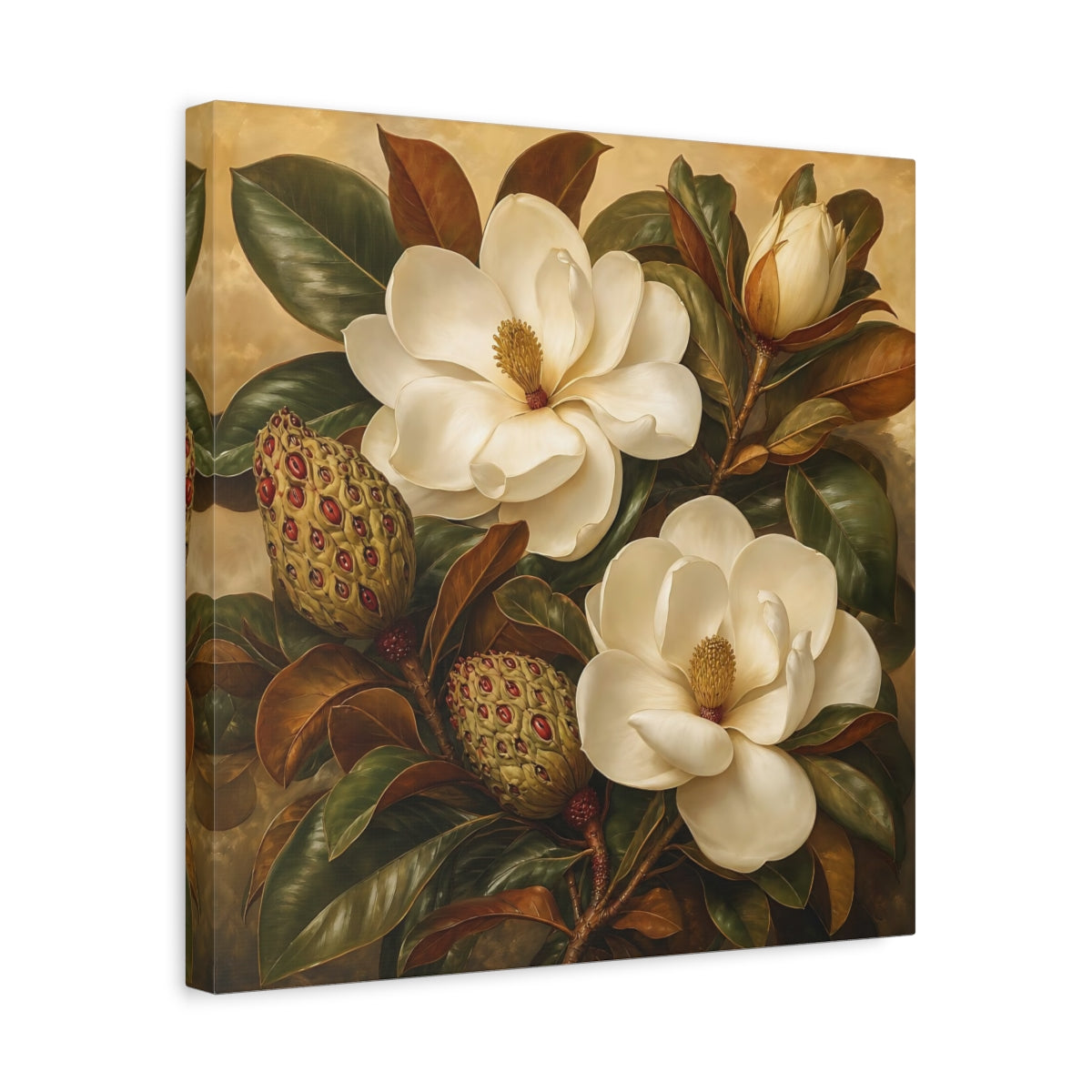 Side Mockup 6. Floral Magnolia Flowers Cream And Green shown as stretched canvas wall art