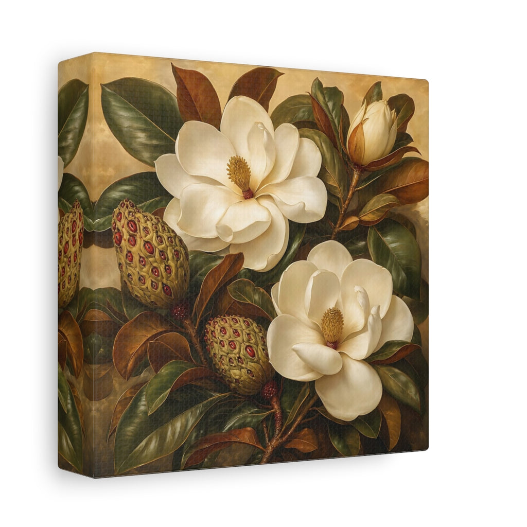 Side Mockup 2. Floral Magnolia Flowers Cream And Green shown as stretched canvas wall art
