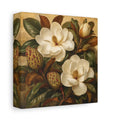 Side Mockup 2. Floral Magnolia Flowers Cream And Green shown as stretched canvas wall art