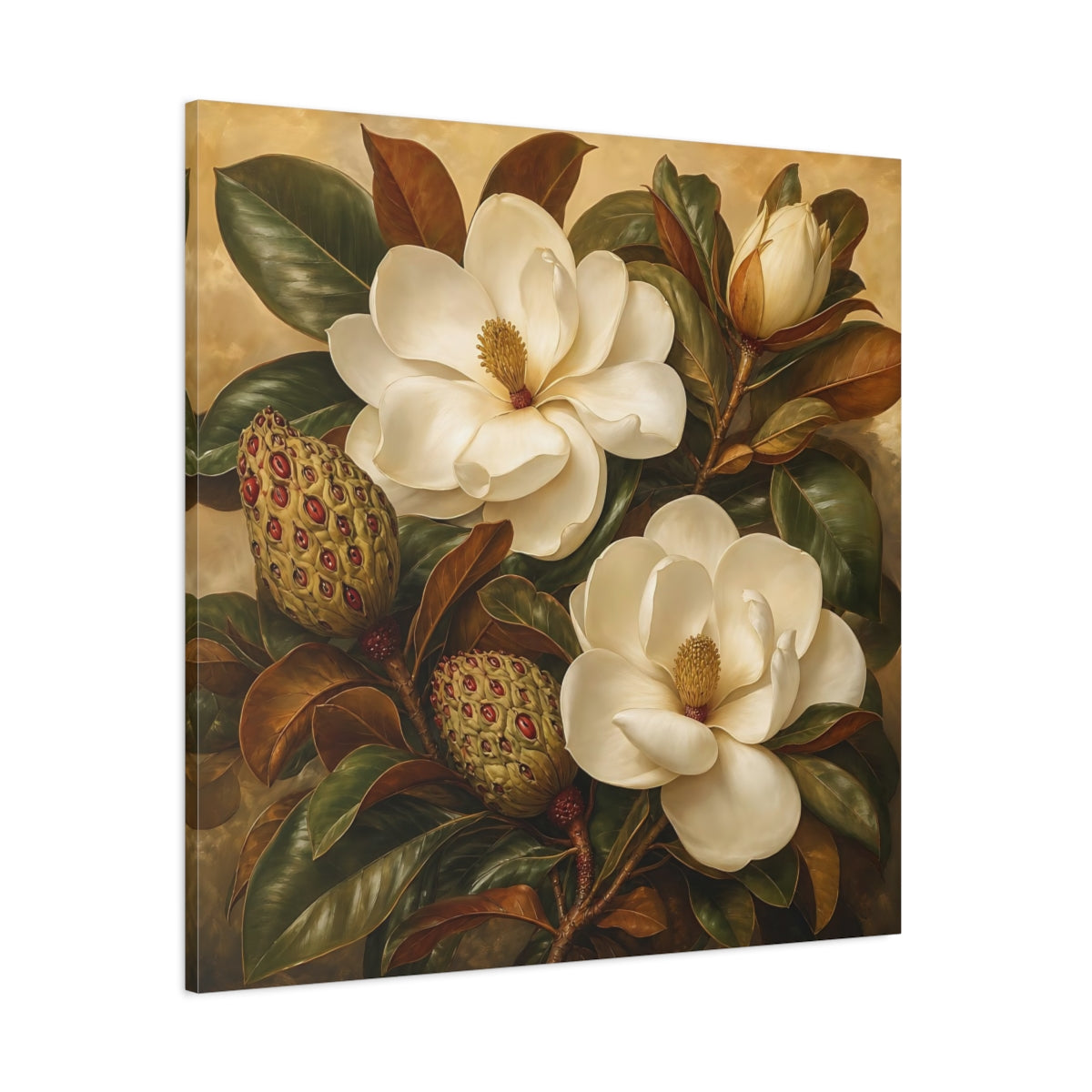 Side Mockup 1. Floral Magnolia Flowers Cream And Green shown as stretched canvas wall art