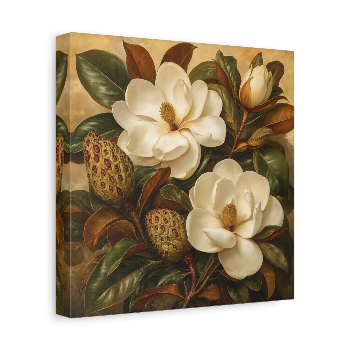 Side Mockup 9. Floral Magnolia Flowers Cream And Green shown as stretched canvas wall art