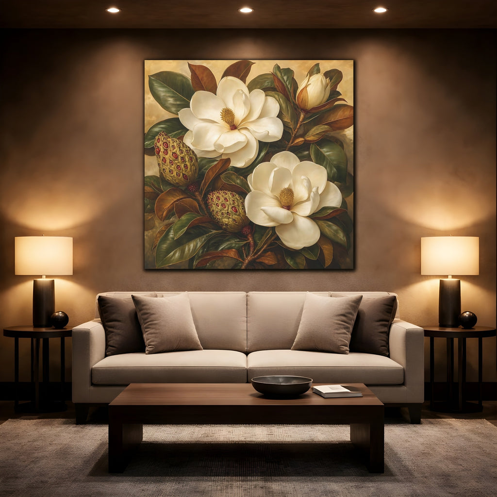 Mockup 2. Floral Magnolia Flowers Cream And Green shown as stretched canvas wall art