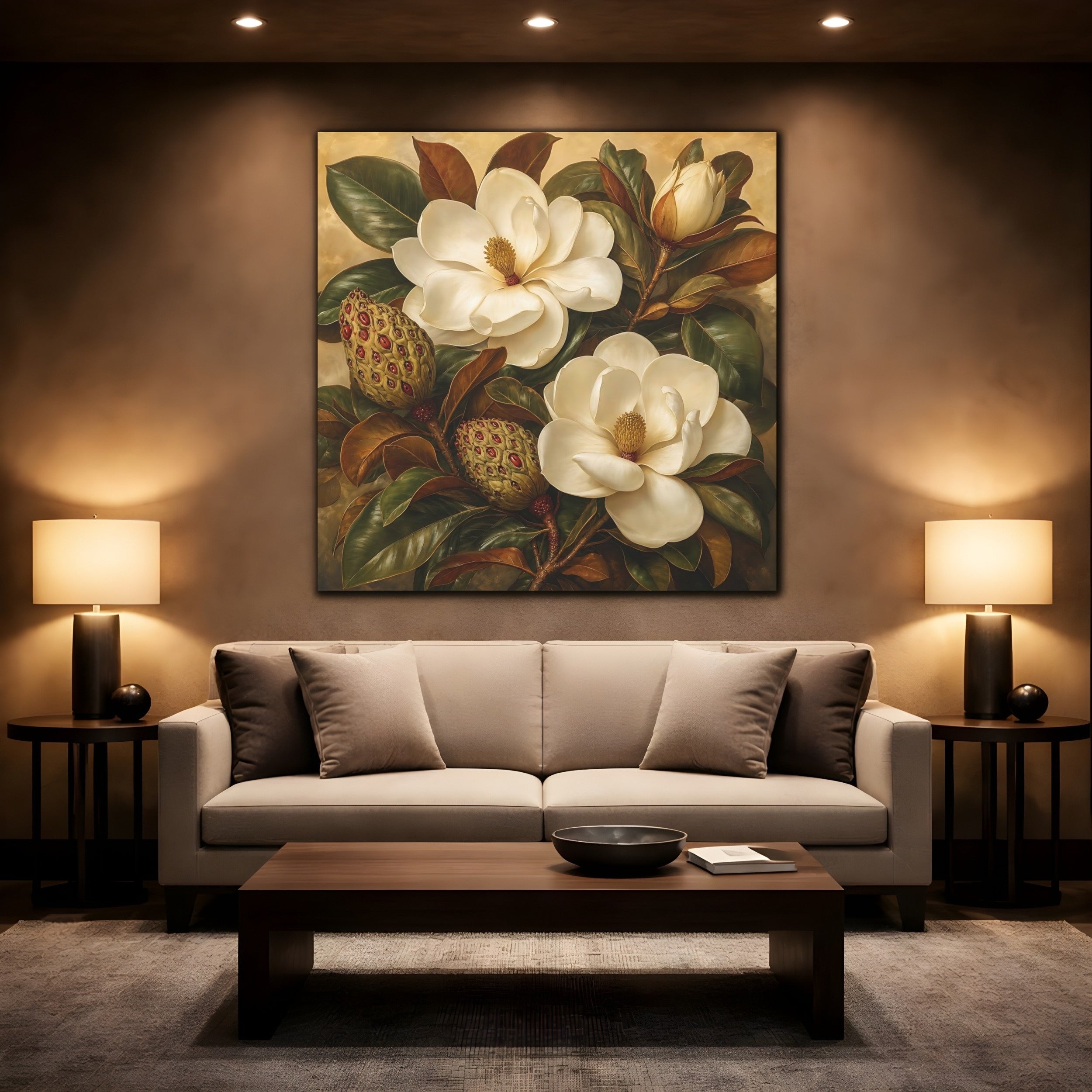 Mockup 2. Floral Magnolia Flowers Cream And Green shown as stretched canvas wall art