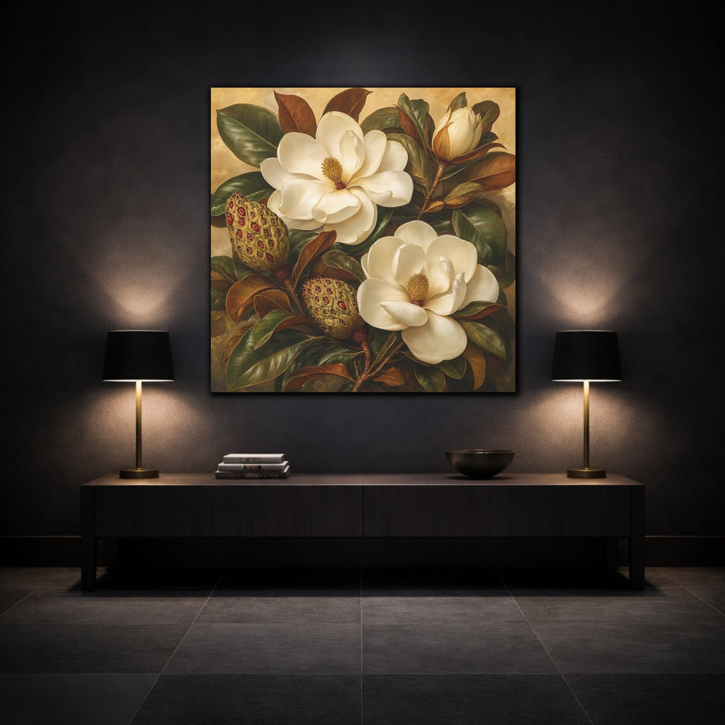 Mockup 3. Floral Magnolia Flowers Cream And Green shown as stretched canvas wall art