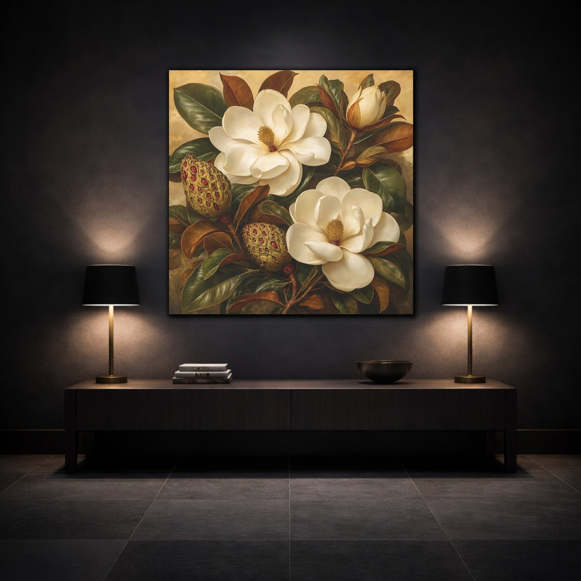 Mockup 3. Floral Magnolia Flowers Cream And Green shown as stretched canvas wall art