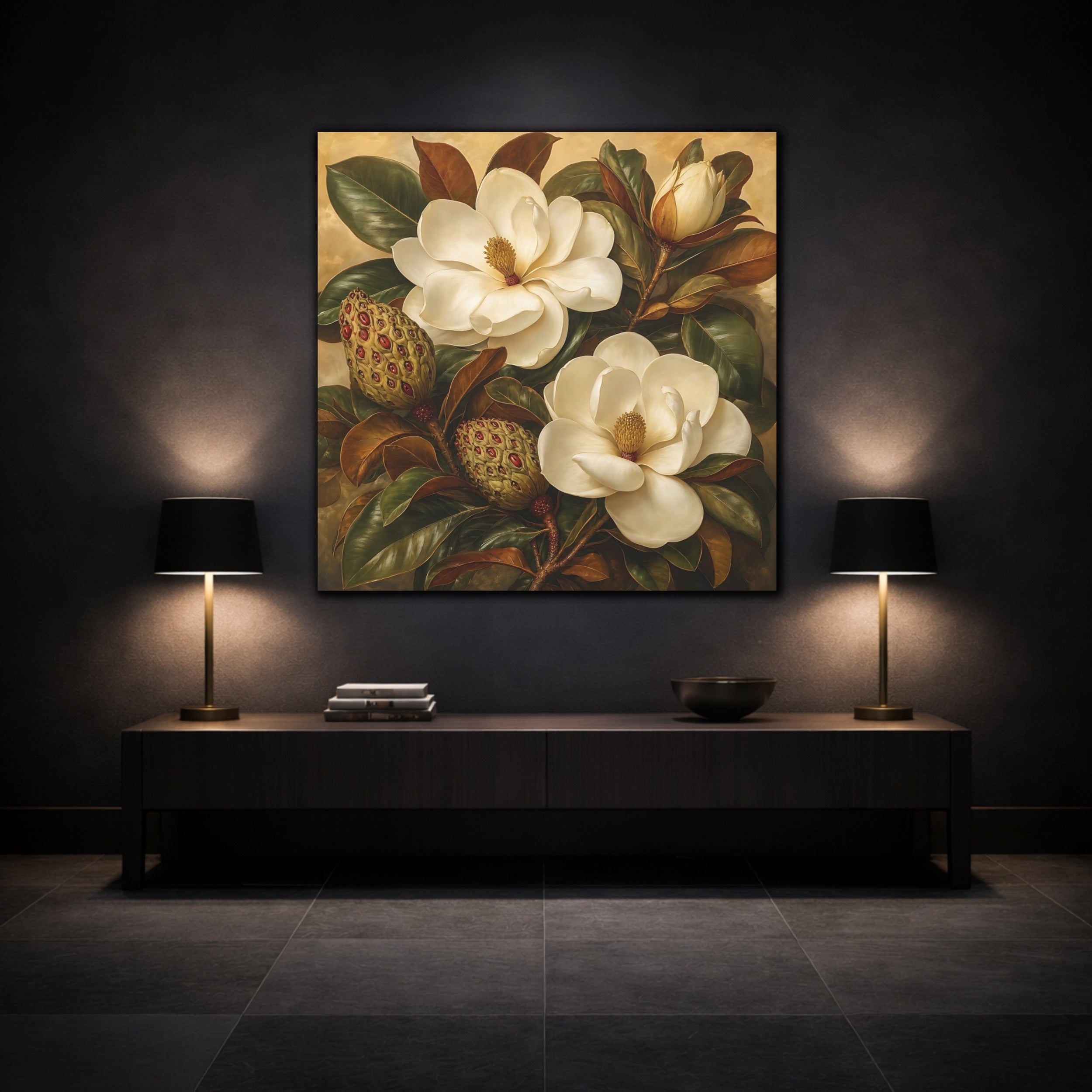 Mockup 3. Floral Magnolia Flowers Cream And Green shown as stretched canvas wall art