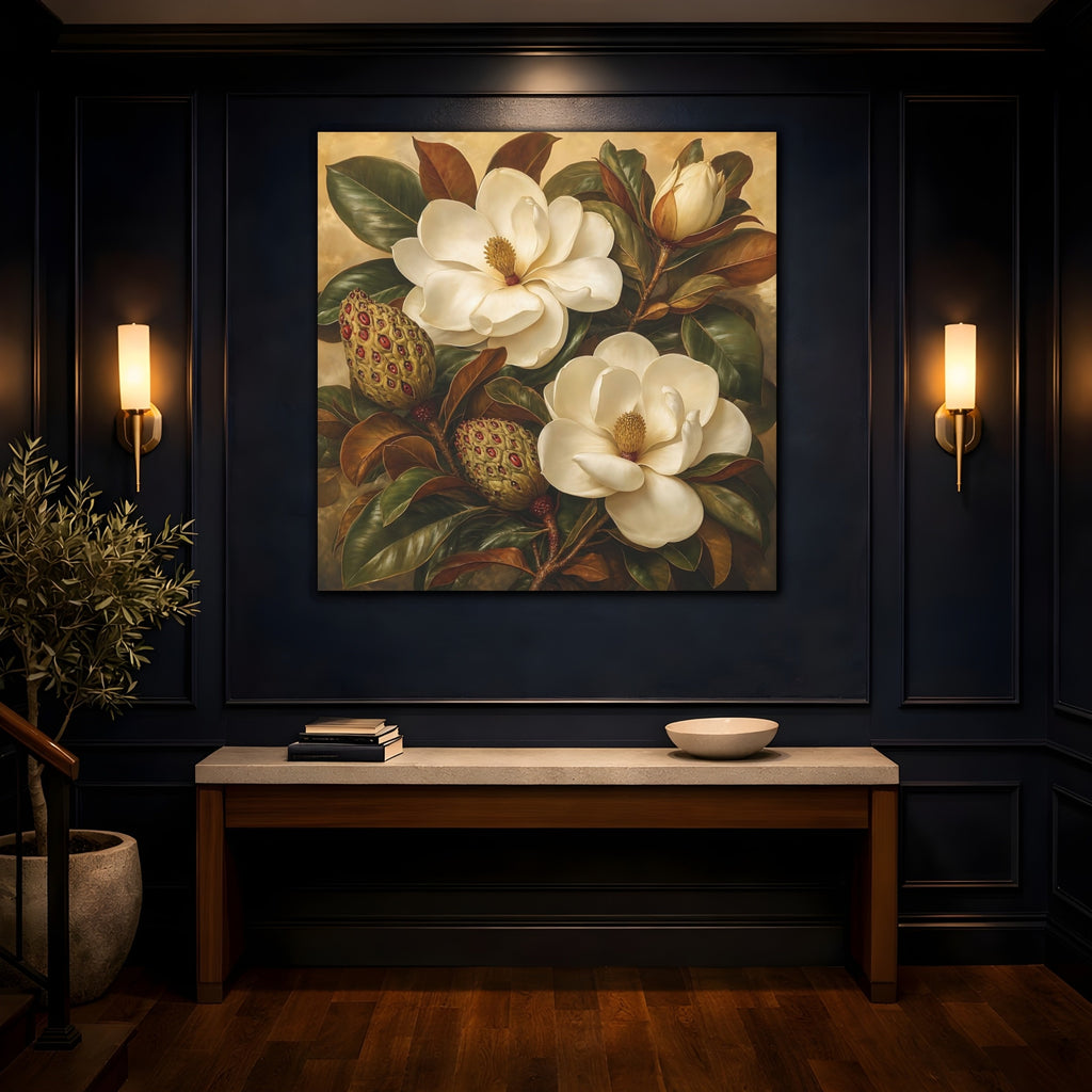 Mockup 4. Floral Magnolia Flowers Cream And Green shown as stretched canvas wall art