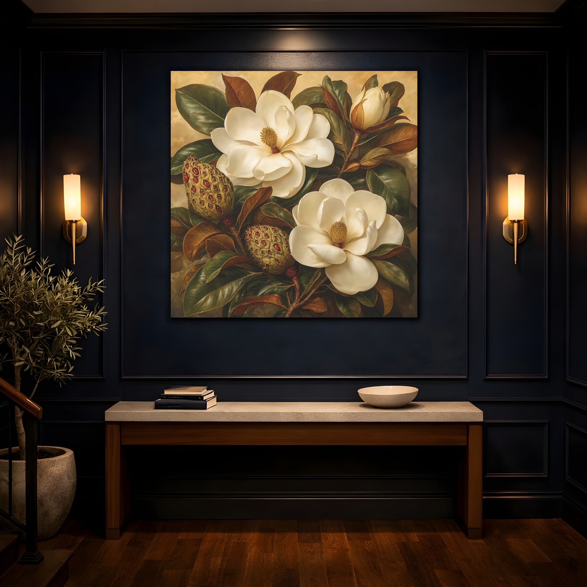Mockup 4. Floral Magnolia Flowers Cream And Green shown as stretched canvas wall art