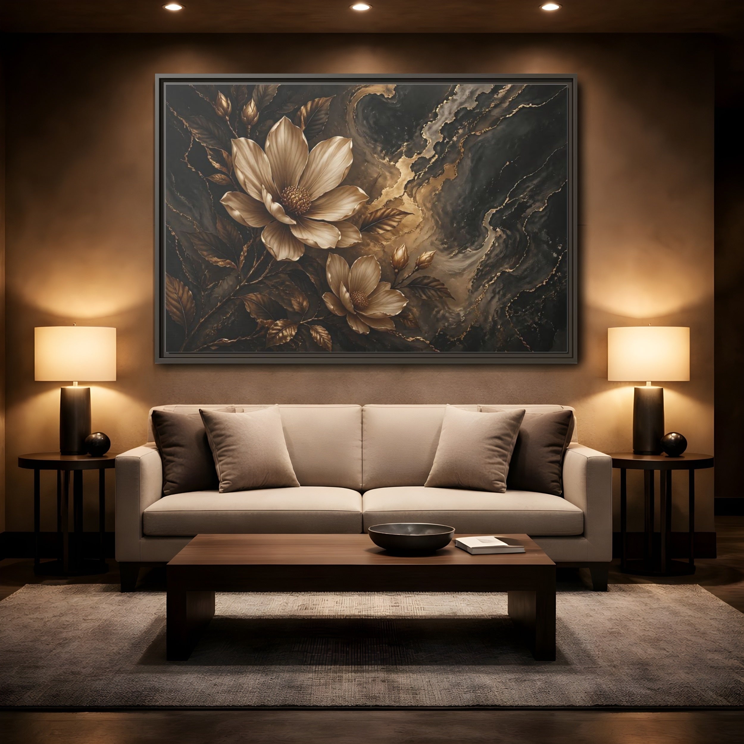 Mockup 2. Floral Magnolia Flowers Gold And Black Floral shown as stretched canvas wall art