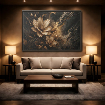 Mockup 2. Floral Magnolia Flowers Gold And Black Floral shown as stretched canvas wall art