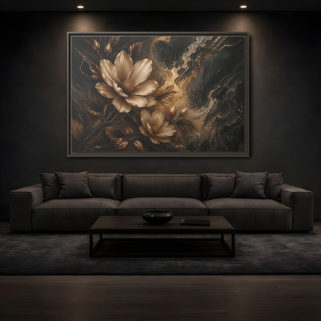 Mockup 3. Floral Magnolia Flowers Gold And Black Floral shown as stretched canvas wall art