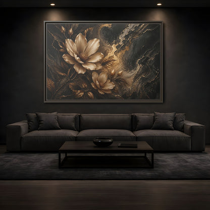 Mockup 3. Floral Magnolia Flowers Gold And Black Floral shown as stretched canvas wall art