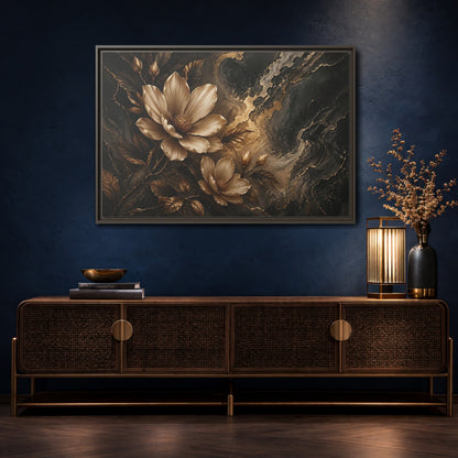 Mockup 4. Floral Magnolia Flowers Gold And Black Floral shown as stretched canvas wall art