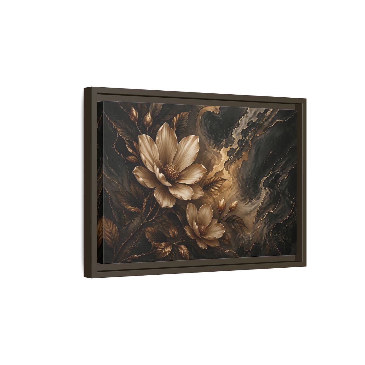 Side Mockup 5. Floral Magnolia Flowers Gold And Black Floral shown as stretched canvas wall art