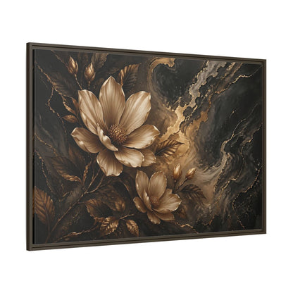 Side Mockup 8. Floral Magnolia Flowers Gold And Black Floral shown as stretched canvas wall art
