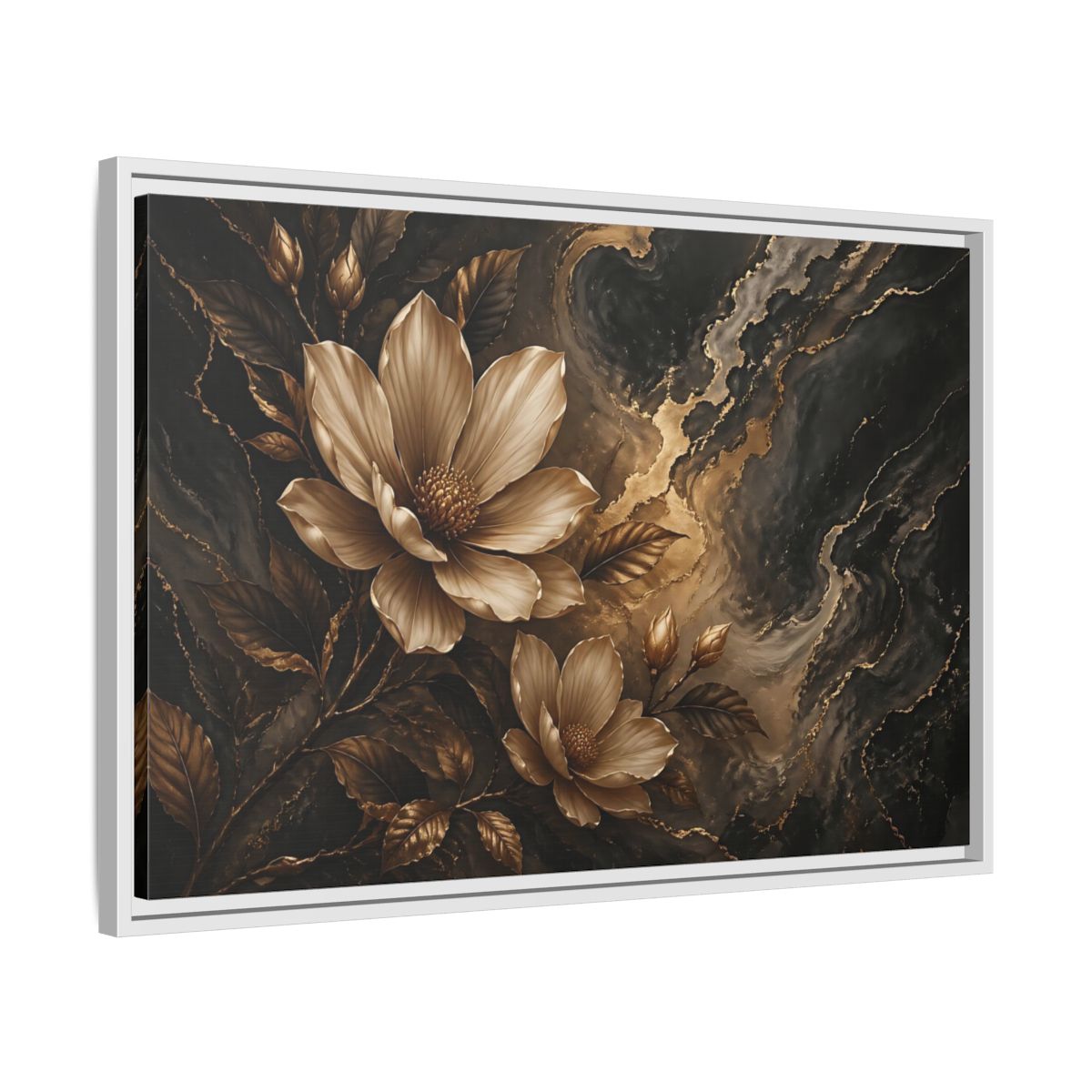 Side Mockup 10. Floral Magnolia Flowers Gold And Black Floral shown as stretched canvas wall art