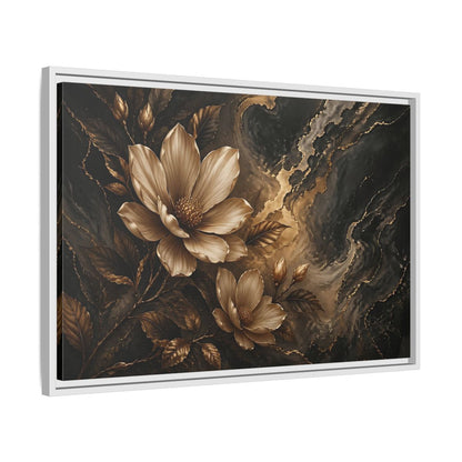 Side Mockup 10. Floral Magnolia Flowers Gold And Black Floral shown as stretched canvas wall art