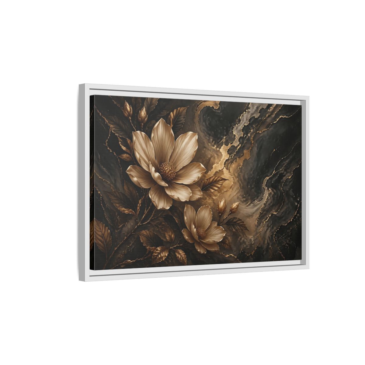 Side Mockup 1. Floral Magnolia Flowers Gold And Black Floral shown as stretched canvas wall art