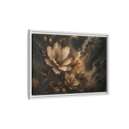 Side Mockup 1. Floral Magnolia Flowers Gold And Black Floral shown as stretched canvas wall art