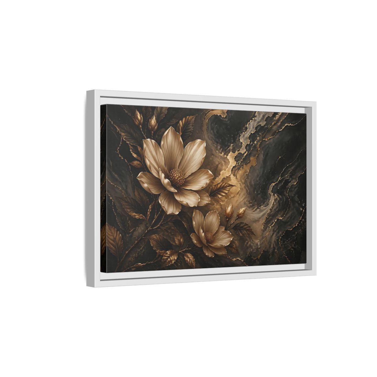 Side Mockup 4. Floral Magnolia Flowers Gold And Black Floral shown as stretched canvas wall art