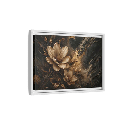 Side Mockup 4. Floral Magnolia Flowers Gold And Black Floral shown as stretched canvas wall art