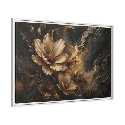 Side Mockup 9. Floral Magnolia Flowers Gold And Black Floral shown as stretched canvas wall art