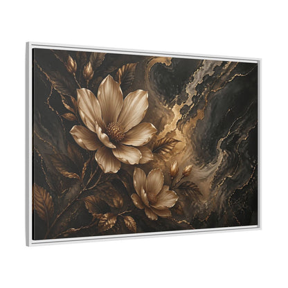 Side Mockup 7. Floral Magnolia Flowers Gold And Black Floral shown as stretched canvas wall art