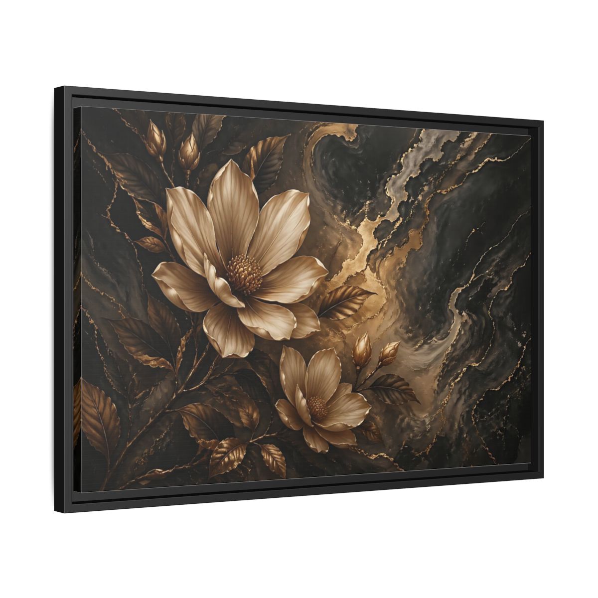 Side Mockup 14. Floral Magnolia Flowers Gold And Black Floral shown as stretched canvas wall art